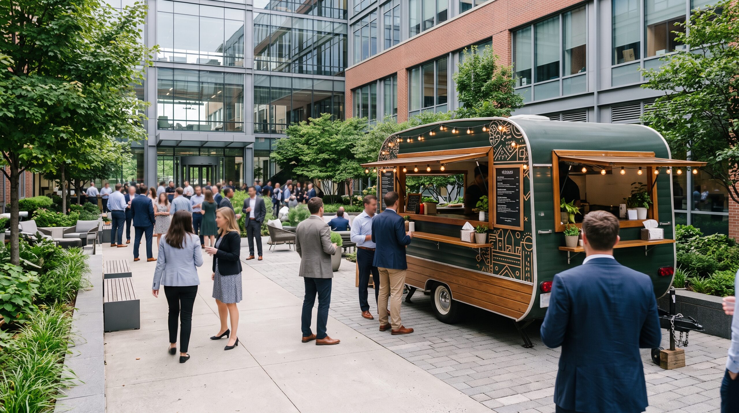 Corn Dog Club trailer set up in a corporate office courtyard