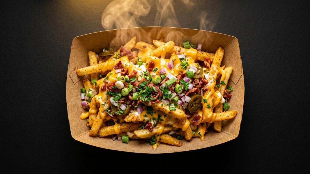 Loaded fries topped with sauce and garnish in a kraft tray