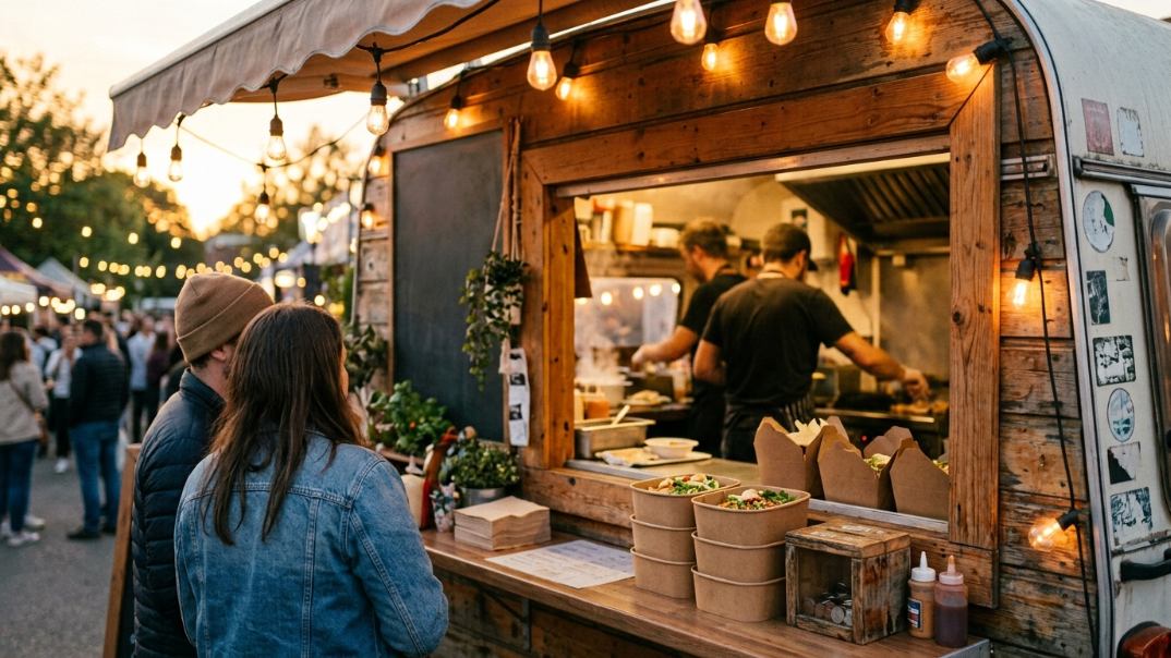 Independent street food trailer at golden hour with warm string lights