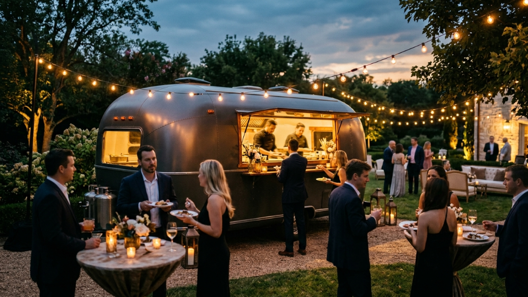 Corn Dog Club trailer serving guests at an elegant outdoor private event